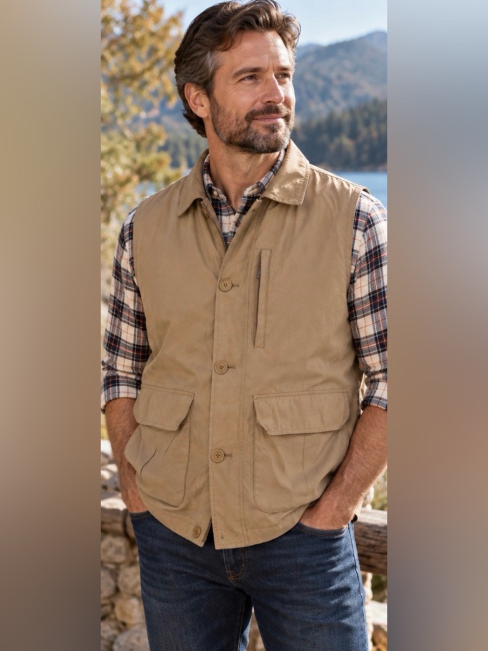 Jos. A. Bank Men’s XXL Insulated Utility Vest Tan Plaid Lined Outdoor.